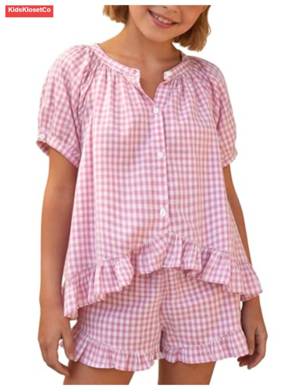 Girls Cotton Gingham 2 Piece Shorts Set Ruffle Top Summer Outfit